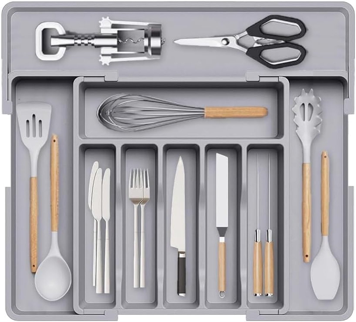 Uittrekbare Ladeorganizer - Kunststof Grijs - Verstelbaar 33-56cm - Antislip - Voor Bestek