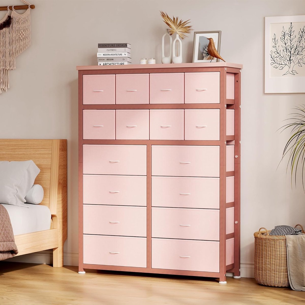 Triumpunpre - Moderne ladekast 16 lades in stof – Metalen frame – Houten blad – Veelzijdige opbergoplossing woonkamer, slaapkamer en entree – Roze