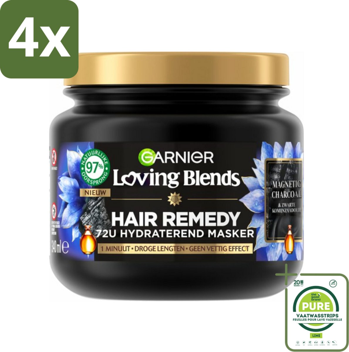 Garnier - Loving Blends Magnetic Charcoal - Haarmasker - Droge Lengtes - 340 ml - Voordeelverpakking - 4 stuks - Haar masker - Droge haren