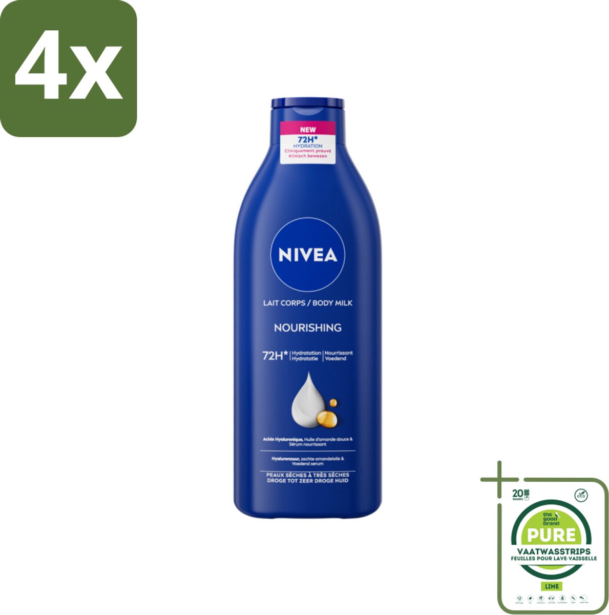 Nivea - Body Milk - 72u Hydratatie - Droge tot Zeer Droge Huid - 400 ml - Voordeelverpakking - 4 stuks - NIVEA Body Milk - Bodylotion