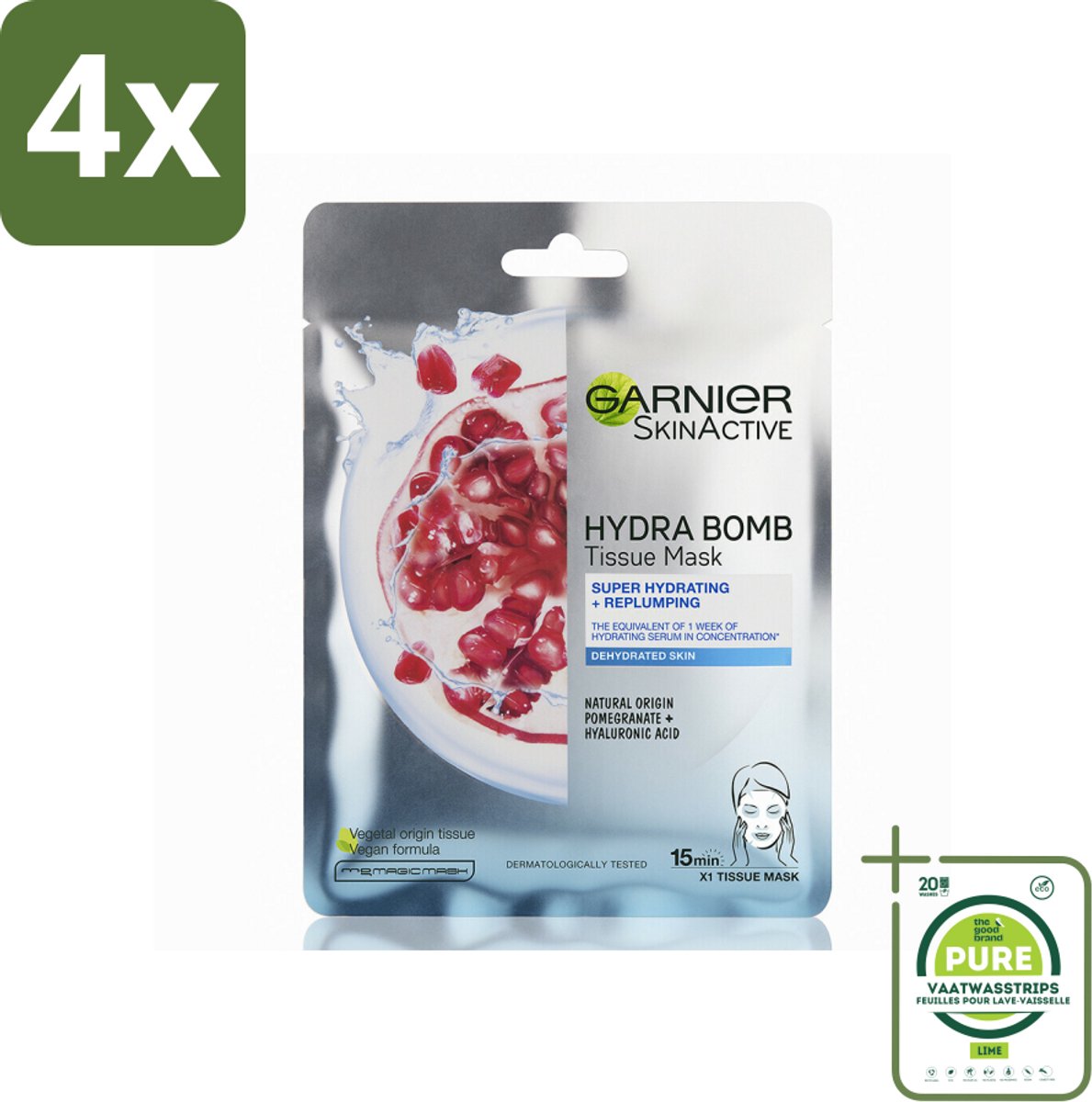 Garnier - SkinActive - Hydra Bomb Sheet Mask - Granaatappel - Gezichtsmasker - 1 Gezichtsreinigingsmiddel - Voordeelverpakking - 4 stuks - Gezichtsmasker - Hydraterend masker