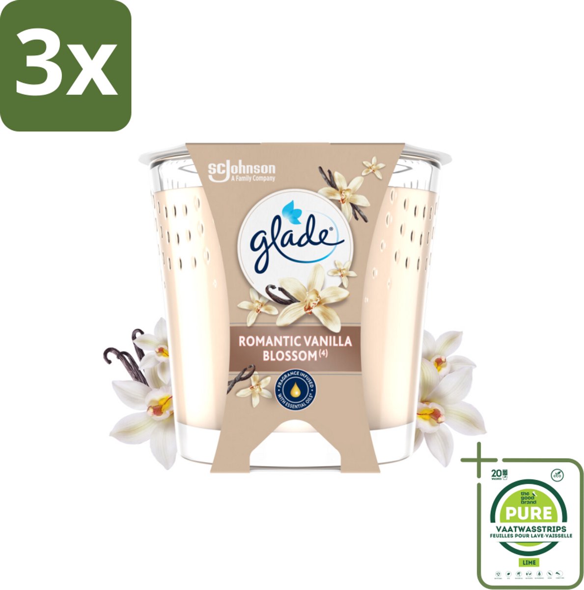 3 x Glade - Geurkaars Romantic Vanillebloesem - 100% Raapzaadwas & Vegan - 112 g - Grootverpakking - Geurkaars - Vanille Geur - Amber Geur - Vegan Kaars - Biologische Kaars