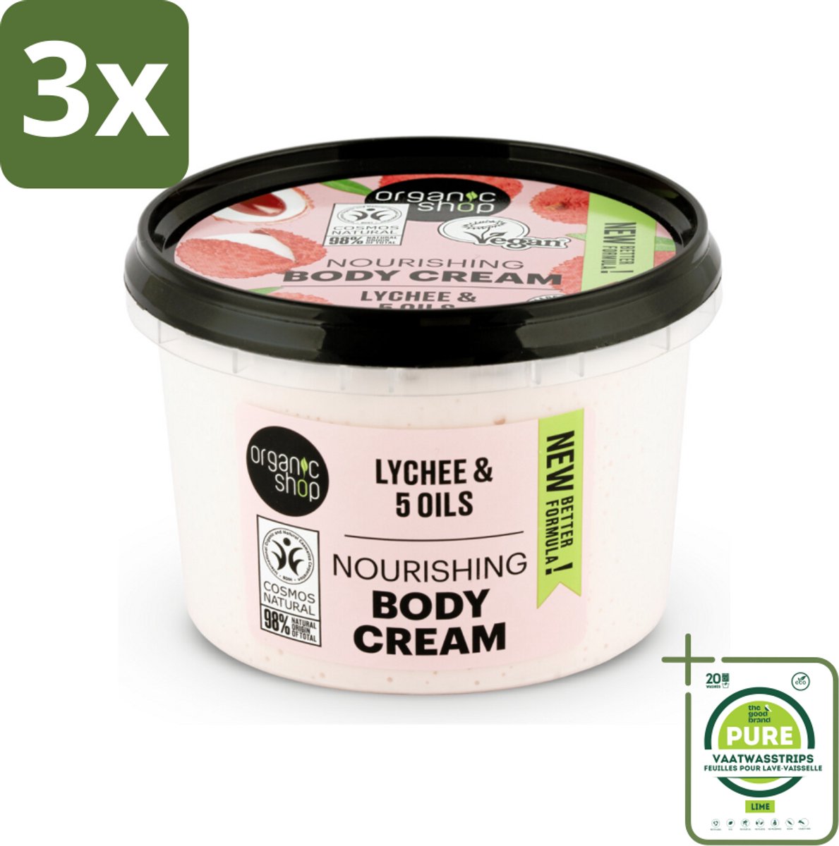 3 x Organic Shop - Nourishing Body Cream Lychee - Hydraterend en Voedend - 250 ml - Grootverpakking - Organische Bodycrème - Voedende Bodycrème - Lychee Bodycrème - Hydraterende Bodycrème - Natuurlijke Bodycrème