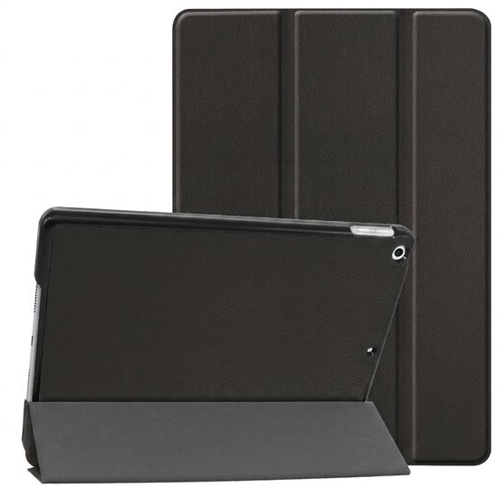 Zwarte tablet hoes, te gebruiken als standaard. Twee hoezen worden getoond in verschillende posities.