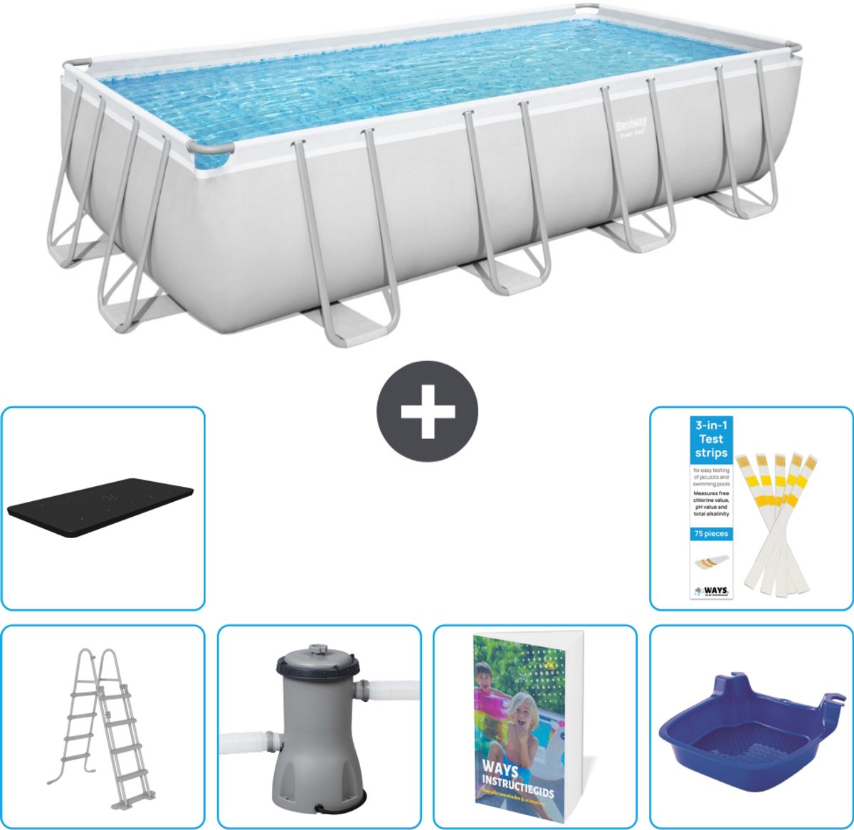 Bestway Rechthoekig Power Steel Zwembad - 488 x 244 x 122 - Grijs Inclusief Pomp - Ladder - Afdekzeil - Voetenbad - 7-delig