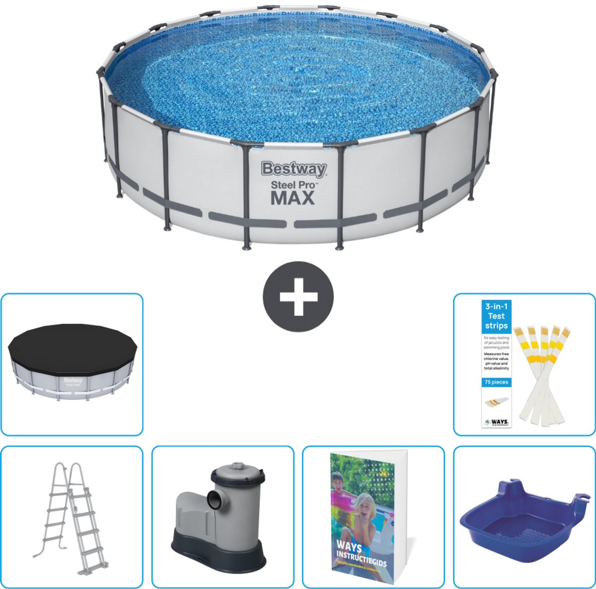 Bestway Rond Steel Pro MAX Zwembad - 488 x 122 cm - Grijs - Inclusief Pomp - Ladder - Afdekzeil - Voetenbad - 7-delig