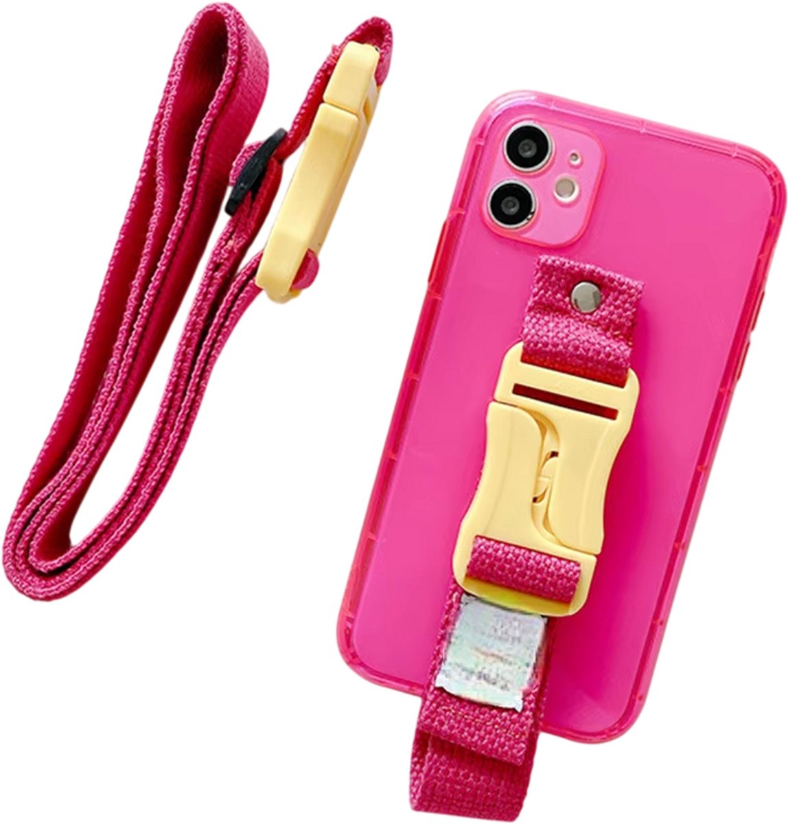 Telefoonhoesje Transparant Siliconen Back Cover met Fluorescerende Lanyard, Nekkoord & Polsband – Schokbestendig – Geschikt voor iPhone 17 pro - Roze