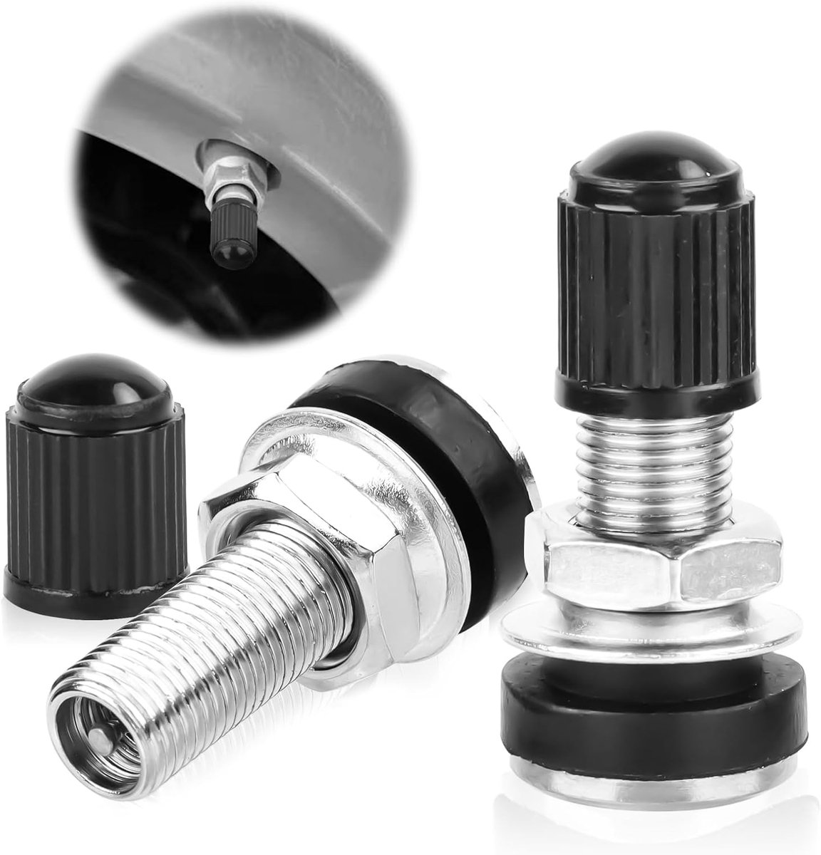 bandenventiel, velgenventielen met stofkappen, metaal, tubeless ventiel, universele ventielen voor auto-, motorbanden, zwart (4)