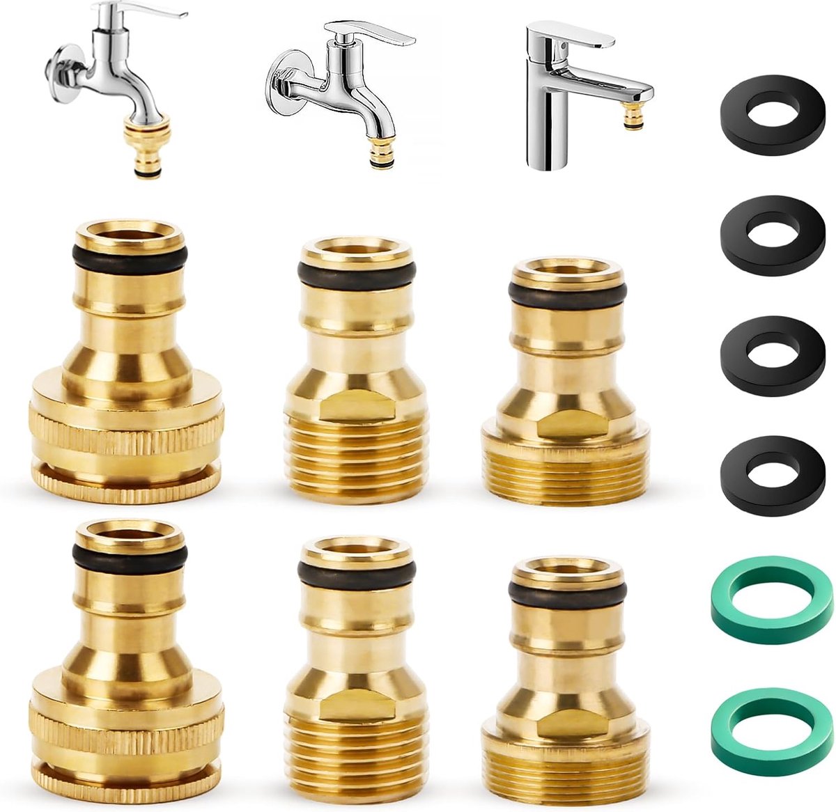 6 stuks messing kraanverbinders, 1/2 inch en 3/4 inch, 2-in-1 tuinslang, snelkoppeling, geschikt voor wasmachines, tuinslangen en gazonsproeiers