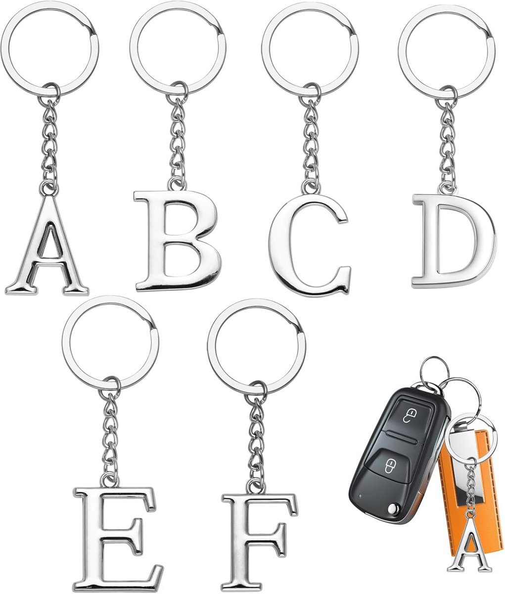 6 stuks sleutelhangers letter, sleutelhangers dames A-F letters hanger metaal hanger letter zilveren tashanger unisex voor sleutels, rugzakken, autosleutels