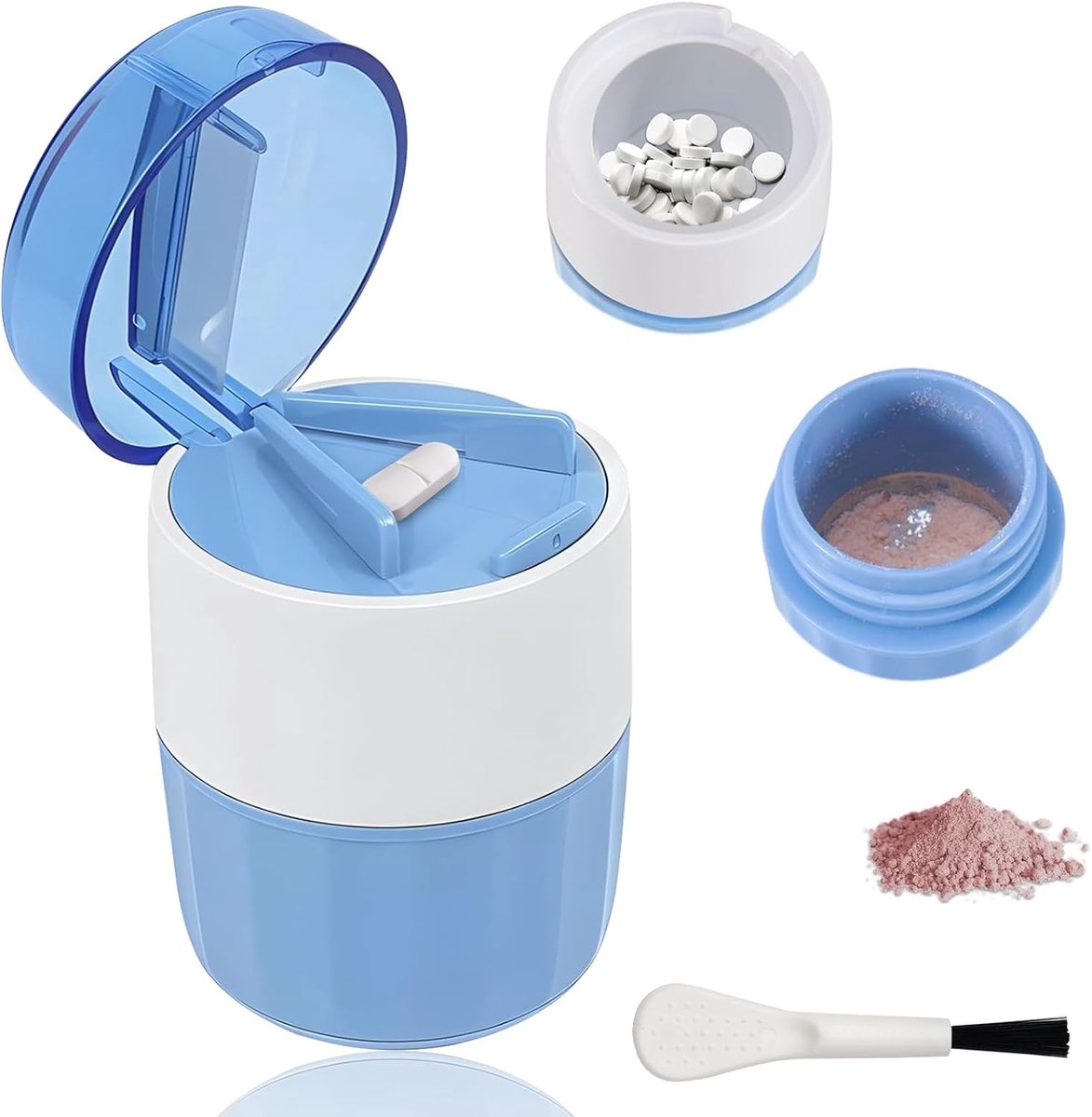3-in-1 Pill Crusher Cutter met roestvrij stalen slijpkop, tablettenhakmolen met tablettenmolen, met opbergvak