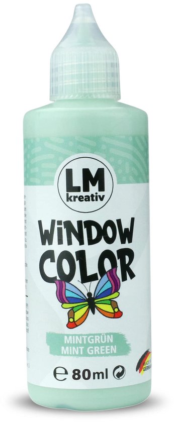 Flesje mintgroene raamverf met vlinderlogo op witte achtergrond.