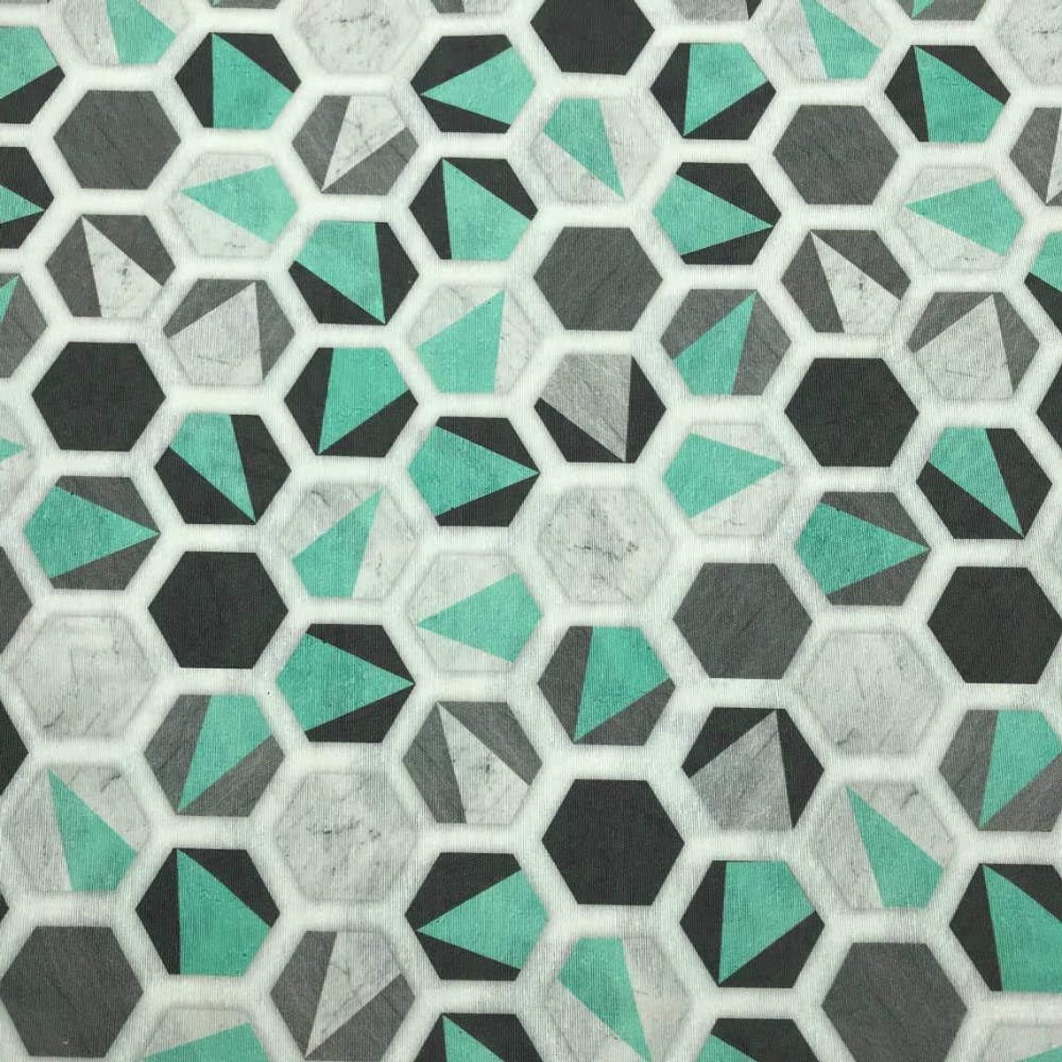 Stof, digitaal bedrukt, 100 cm lengte x 280 cm breedte, zeshoeken - blauw, wit, grijs, 1 meter