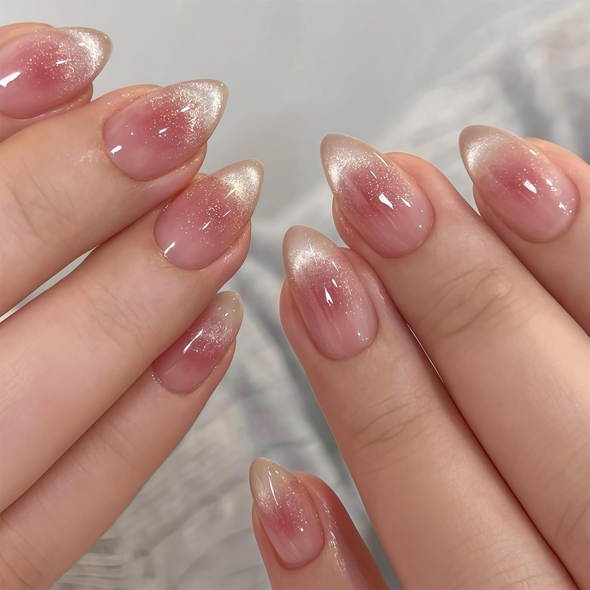 30 Stuks Amandelvormige Cat Eye Press Ontnagels Glitter Roze Verloop Glans Herbruikbare Kunstnagels Voor Dames Meisjes Manicure Droom Look