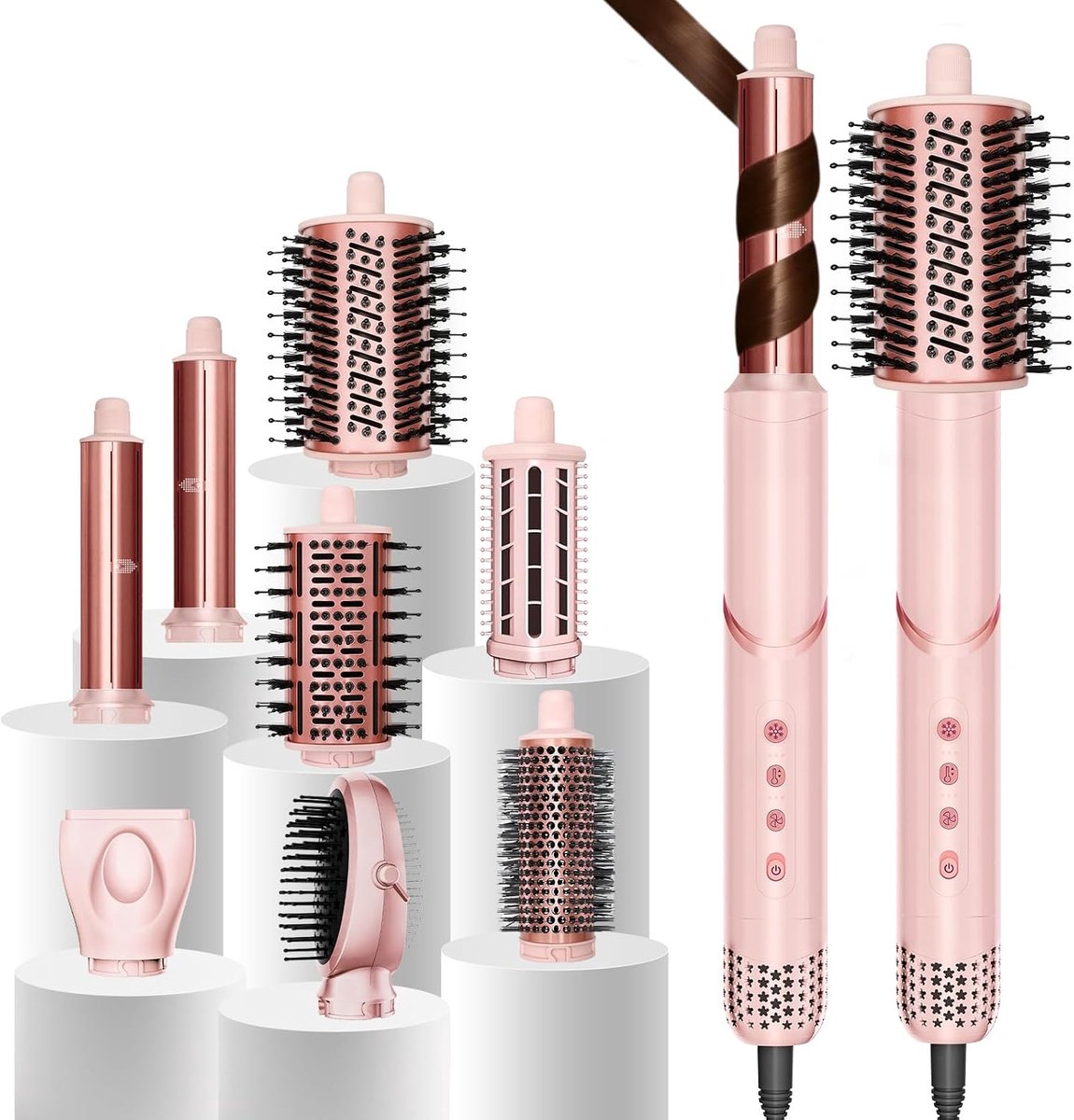 8 in 1 Föhnborstel Multistyler Airstyler, Heteluchtborstel met afneembare Auto-Wrap krullers, volumeborstel en stijlborstel, 1400W ionen haarstyler met 3 temperatuurstanden voor alle haartypes