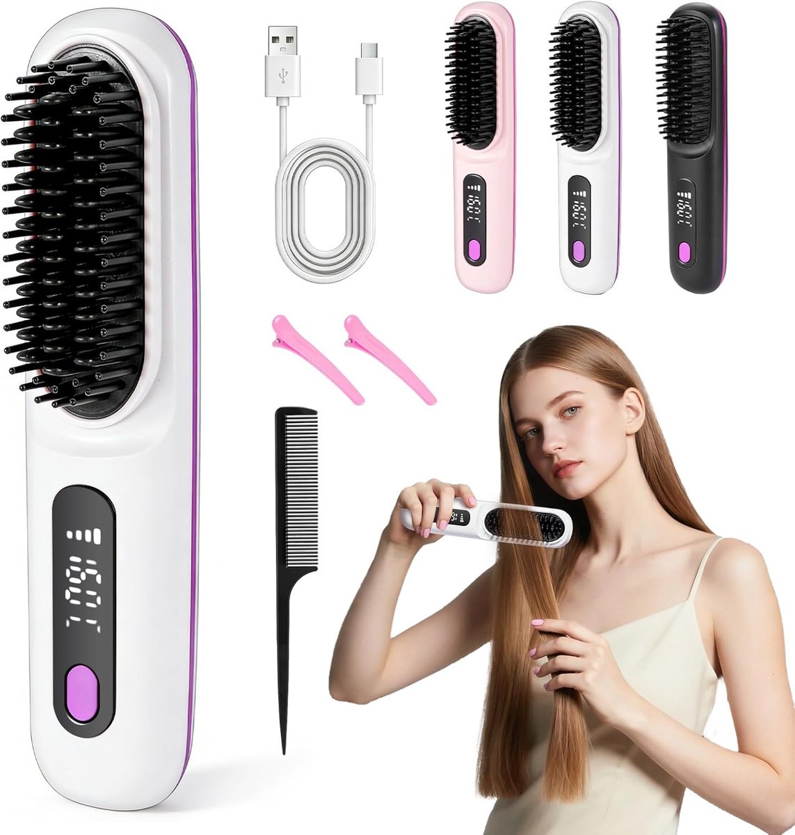 verwarmingsborstel, stylingborstel, kort haar, mini-stijlborstel, verwarming, anti-verbranding, verwarming, kort haar, met lcd-display + 3 temperatuurinstellingen (wit)