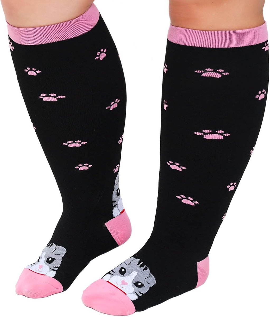 Sokken: plus size compressiesokken voor vrouwen met kattenpatroon, medische compressiekousen voor mannen voor ondersteuning tijdens de vlucht spataderen, zwangerschap, 20-30