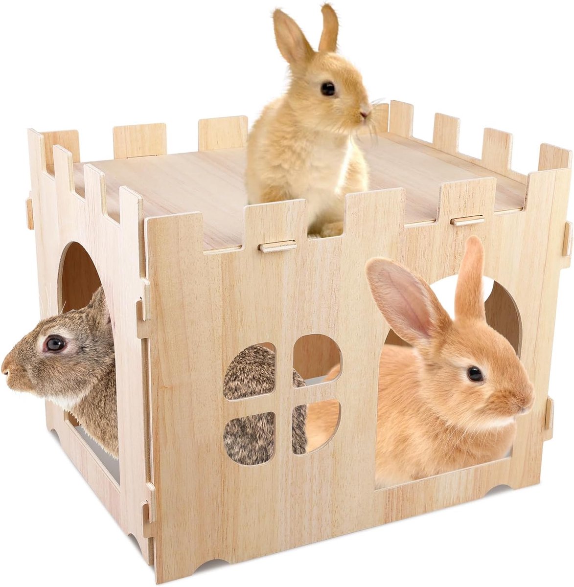Konijnenhok, Houten Cavia Bed met Ingangen, Cavia Speelgoed, Cavia Toebehoren, voor Chinchilla, Hamster, Haas, Fret - 40 x 30 x 30 cm