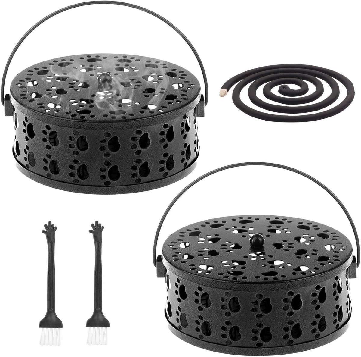 2 stuks slanghouder tegen muggen van ijzer, hol design in de vorm van een kattenklauw, diameter 13,5 cm, draagbaar met 2 borstels, voor kamperen, reizen en wandelen (zwart)