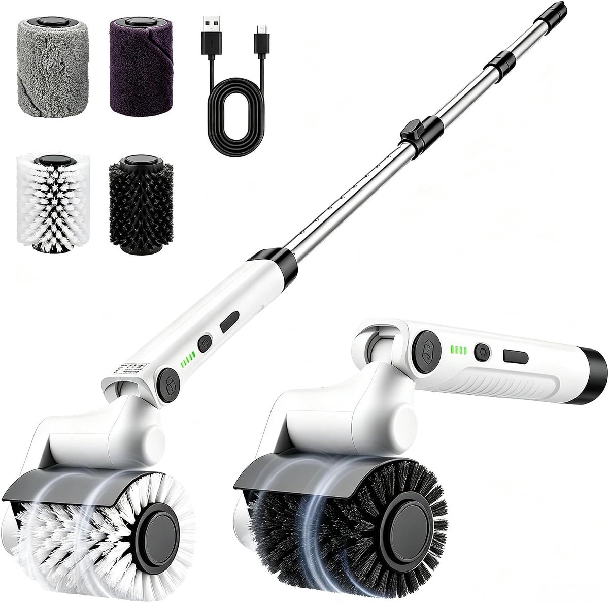reinigingsborstel, accu, 4-in-1 grillreiniger met 2 snelheden en verstelbare kop, IPX7 waterdicht, telescopische steel, schrobber voor grillrooster, badkamer, voegen, keuken, auto
