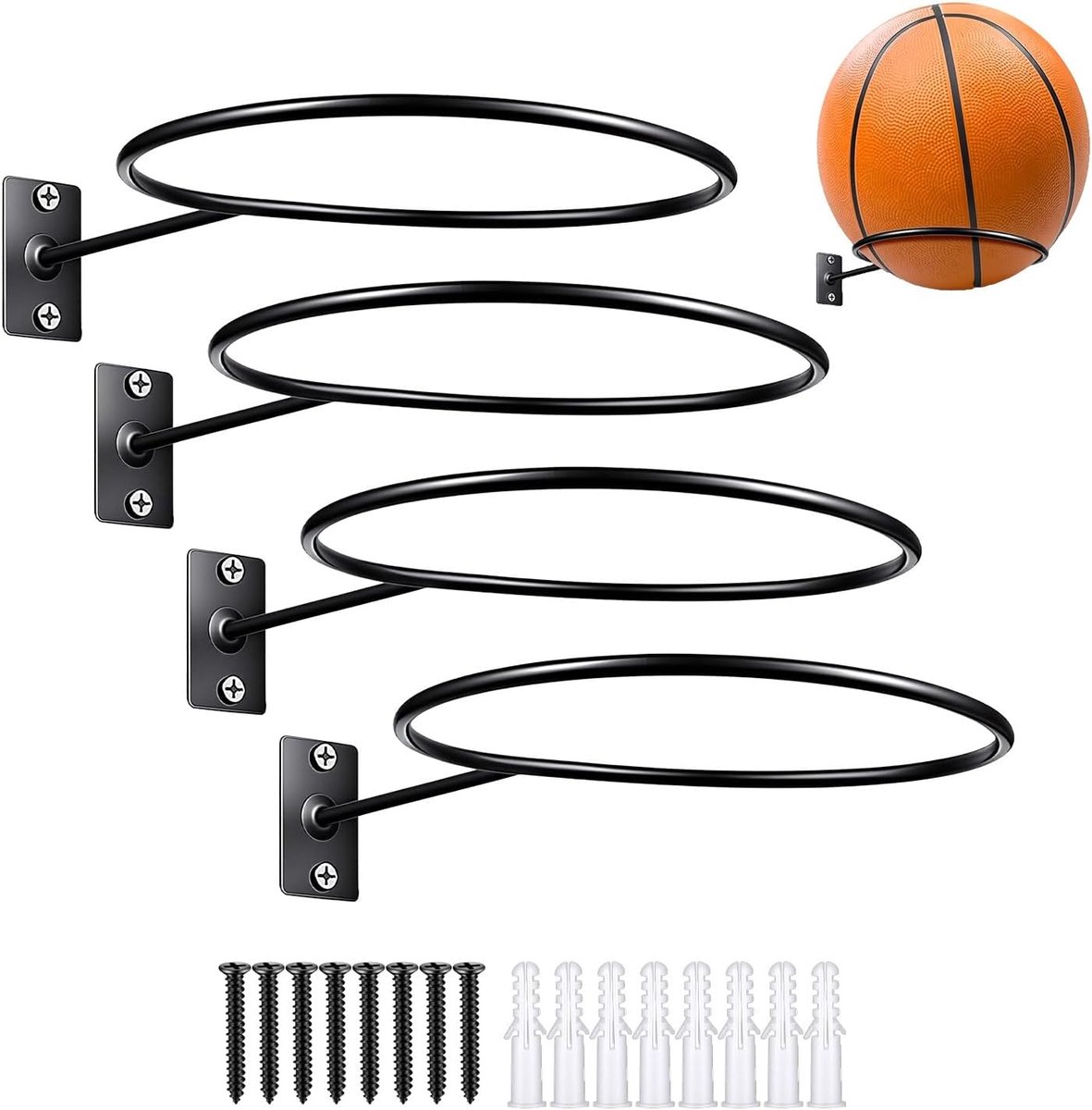 4 stuks voetbalstandaard, robuuste wandbalhouder van metaal, rek voor pallonis met schroeven, houder voor basketbal, voetbal en volleybal (zwart)