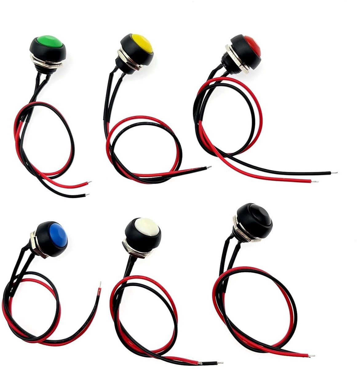 6 stuks 12mm 12V waterdichte tijdelijke drukknopschakelaar 2-pins AAN/UIT ON OFF mini kleine ronde knopschakelaar met draden, PBS-33B vergrendelbare zelfreset-claxonknop schakelaar