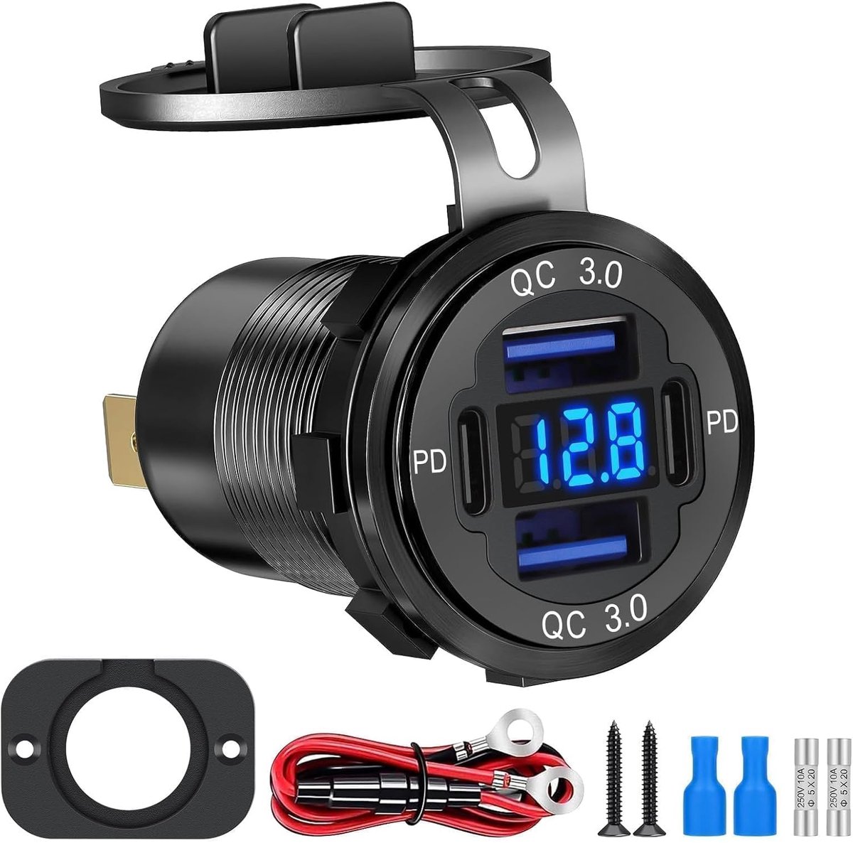 USB auto-oplader aansluiting, Dual PD Type C & Dual QC3.0 USB-oplader Power Outlet Panel met LED voltmeter voor auto boot