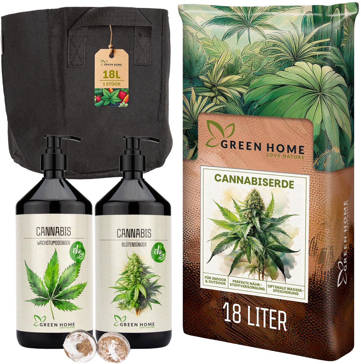 Green Home Love Nature PQDS10001 - Kweekzak kweek set - 18 l cannabis aarde met mest - Groen met handgrepen en 2 kokos start potjes