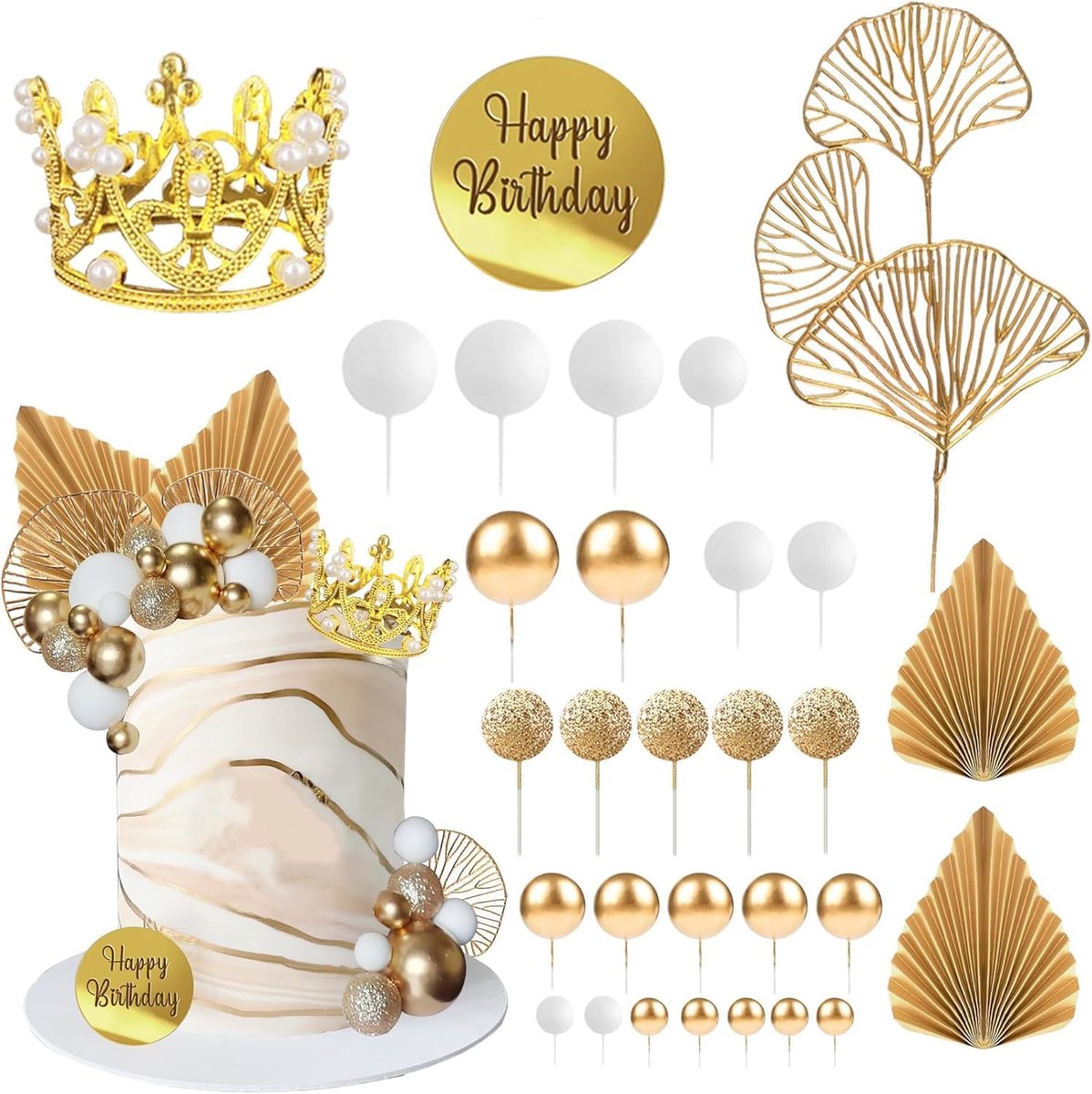30 stuks Kroon Taartdecoratie Goud Taart Decoratie Ballen Ginkgobladeren Waaier Verjaardagskoningin Taartdecoratie Verjaardag Vrouw Gouden Decoratie Taart voor Jubileum, Bruiloft, Themafeest