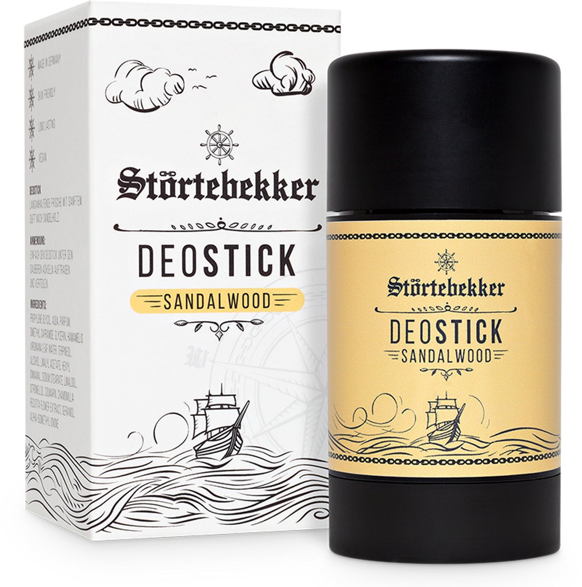 Störtebekker® Premium Deostick Sandelhout - Deodorant Stick zonder Aluminiumchloride & Parabenen - Geeft Vocht door Toverhazelaar & Bestrijdt Geurtjes - Voor Alle Huidtypen - 75g