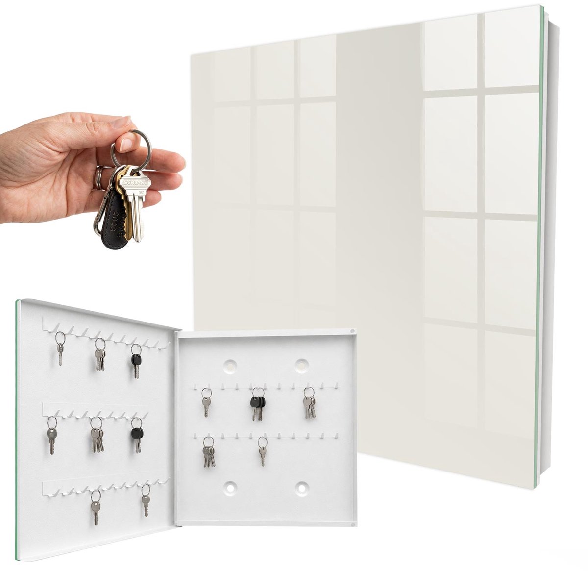 WallMuralia - Sleutelkast - 30x30x5 cm - met 50 haken - Modieus Grijs Sleutelkastje Muur - Grijs Sleutelbox - Linksopenend - Wit interieur