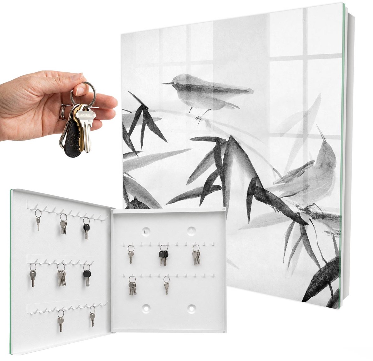 WallMuralia - Sleutelkast - 30x30x5 cm - met 50 haken - Bamboe Natuur Sleutelkastje - Wit Sleutelbox - Linksopenend - Wit interieur