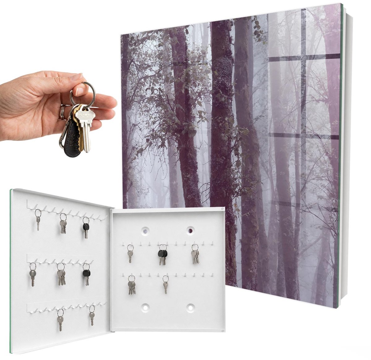 WallMuralia - Sleutelkast - 30x30x5 cm - met 50 haken - Mistbos Sleutelkastje Huis - Grijs Sleutelbox - Linksopenend - Wit interieur