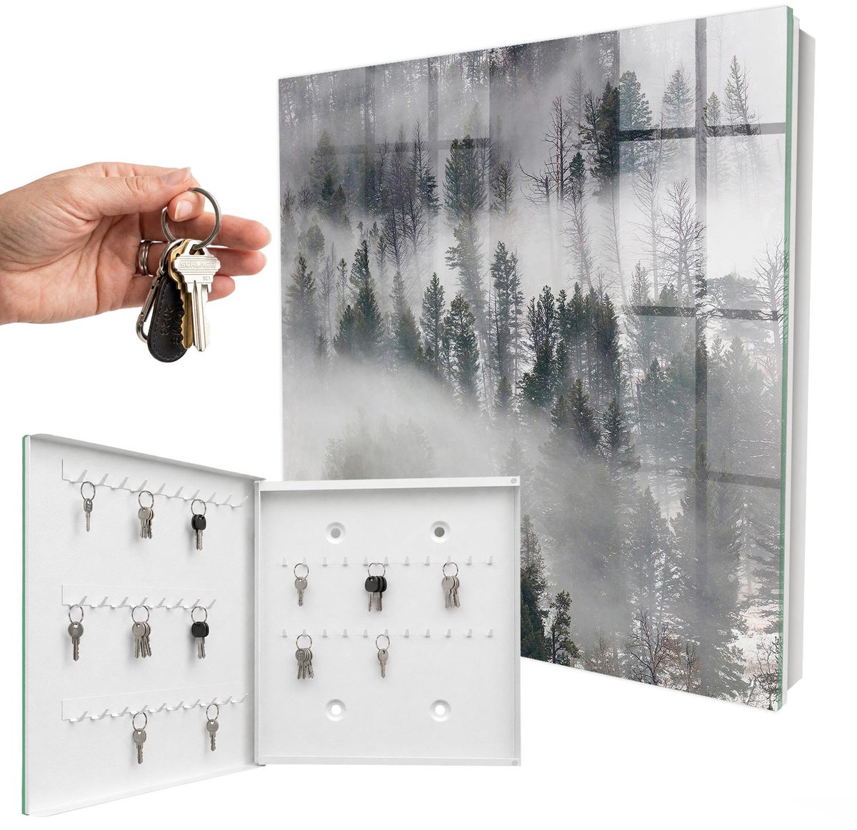 WallMuralia - Sleutelkast - 30x30x5 cm - met 50 haken - Mistig Groen Sleutelkastje Modern - Groente Sleutelbox - Linksopenend - Wit interieur