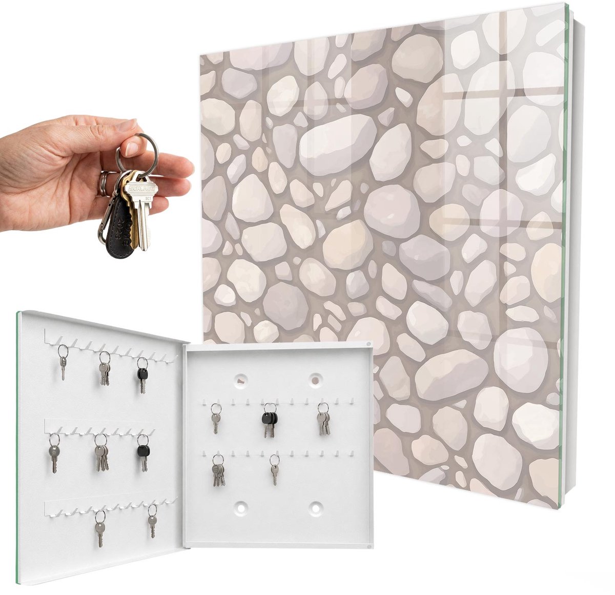 WallMuralia - Sleutelkast - 30x30x5 cm - met 50 haken - Stenen Constructie Sleutelkastje Gang - Beige Sleutelbox - Linksopenend - Wit interieur