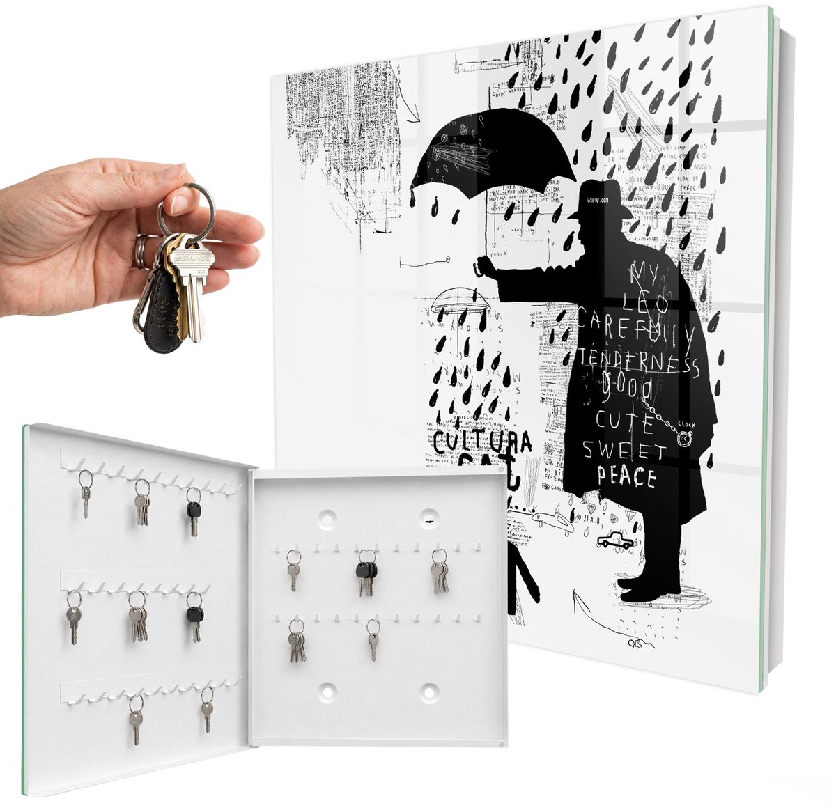 WallMuralia - Sleutelkast - 30x30x5 cm - met 50 haken - Zwart Silhouet Groot Sleutelkastje - Zwart Sleutelbox - Linksopenend - Wit interieur
