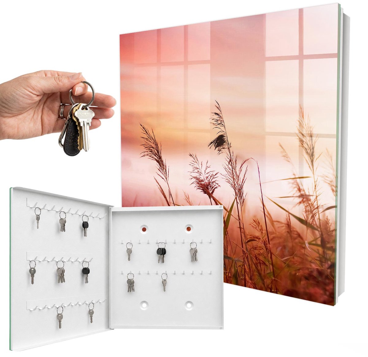 WallMuralia - Sleutelkast - 30x30x5 cm - met 50 haken - Grassen Bij Zonsopgang Sleutelkastje Gang - Oranje Sleutelbox - Linksopenend - Wit interieur