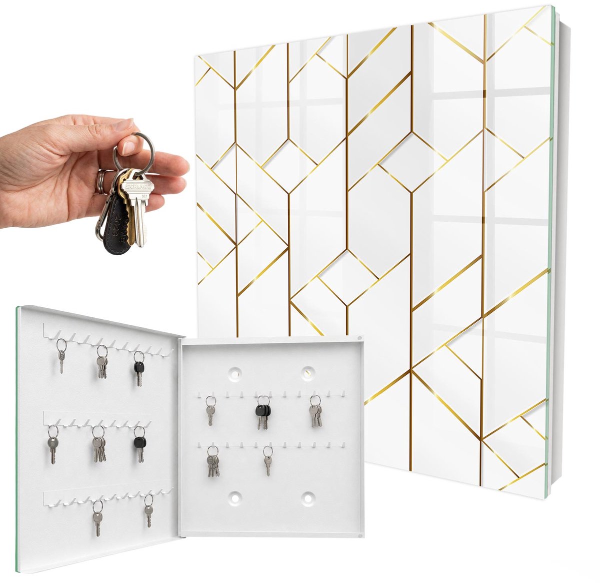 WallMuralia - Sleutelkast - 30x30x5 cm - met 50 haken - Moderne Elegantie Leuk Sleutelkastje - Wit Sleutelbox - Linksopenend - Wit interieur