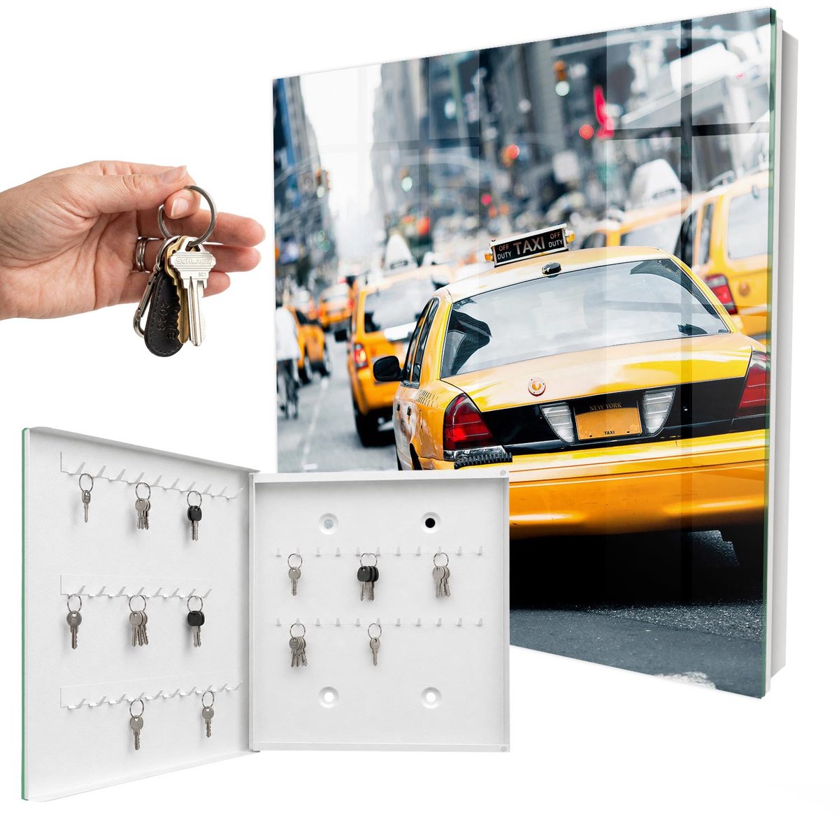 WallMuralia - Sleutelkast - 30x30x5 cm - met 50 haken - Stad Van Het Leven Groot Sleutelkastje - Geel Sleutelbox - Linksopenend - Wit interieur