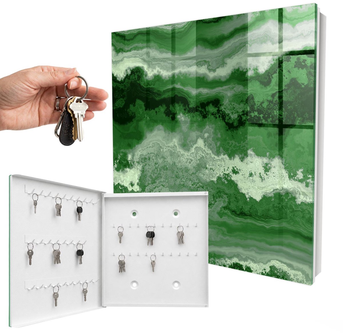 WallMuralia - Sleutelkast - 30x30x5 cm - met 50 haken - Groene Structuur Sleutelkastje Design - Groente Sleutelbox - Linksopenend - Wit interieur