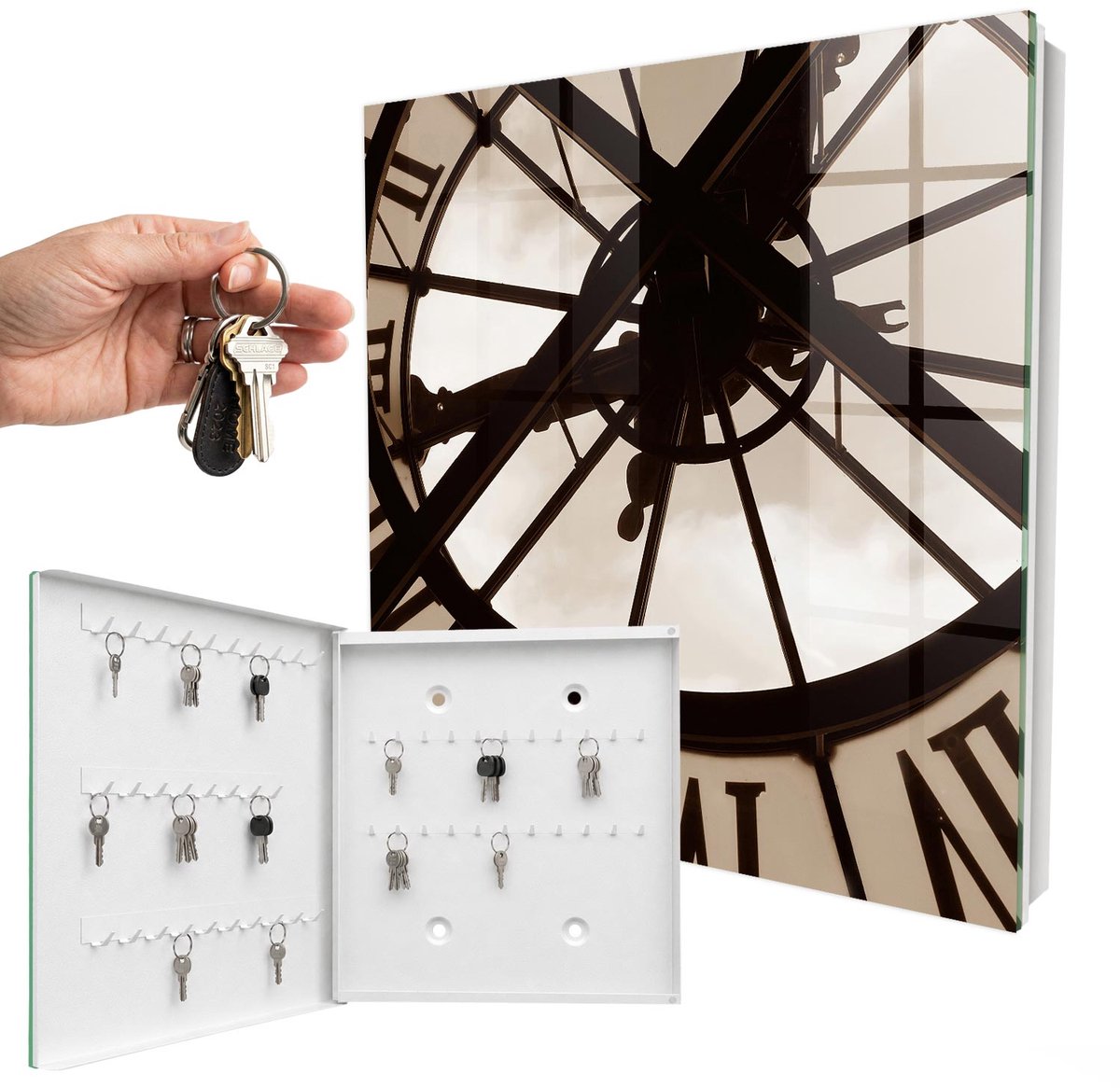 WallMuralia - Sleutelkast - 30x30x5 cm - met 50 haken - Industriële Elegantie Sleutelkastje Gang - Bruin Sleutelbox - Linksopenend - Wit interieur
