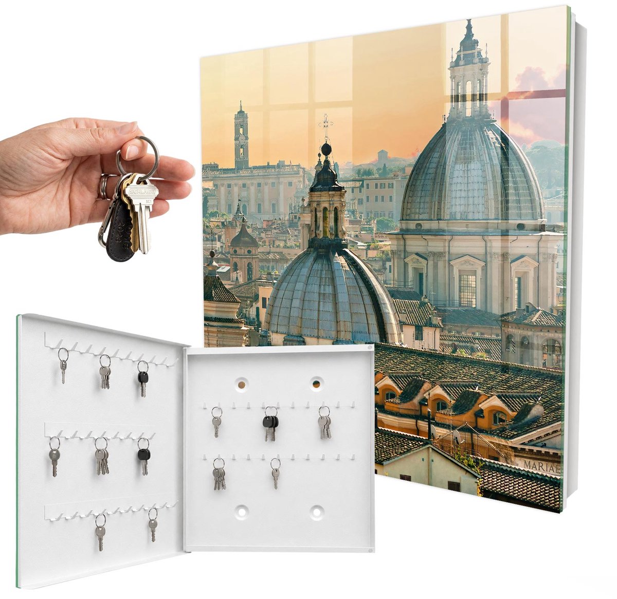 WallMuralia - Sleutelkast - 30x30x5 cm - met 50 haken - Stadspanorama Sleutelkastje Voor Binnen - Beige Sleutelbox - Linksopenend - Wit interieur