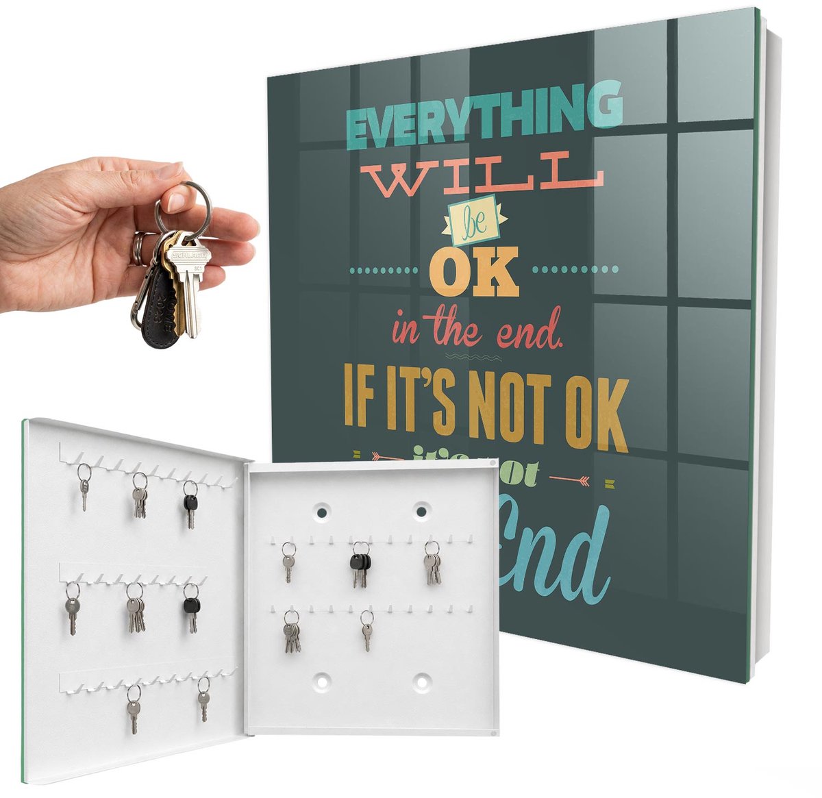 WallMuralia - Sleutelkast - 30x30x5 cm - met 50 haken - Positieve Boodschap Sleutelkastje Industrieel - Turkoois Sleutelbox - Linksopenend - Wit interieur