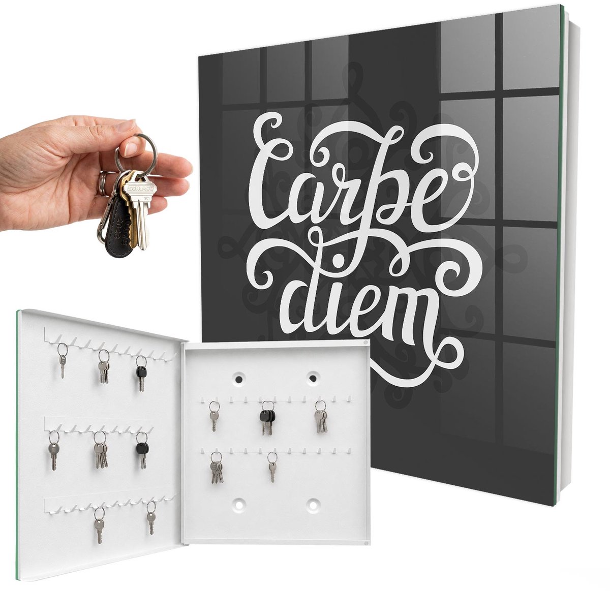 WallMuralia - Sleutelkast - 30x30x5 cm - met 50 haken - Carpe Diem Sleutelkastje Hal - Zwart Sleutelbox - Linksopenend - Wit interieur