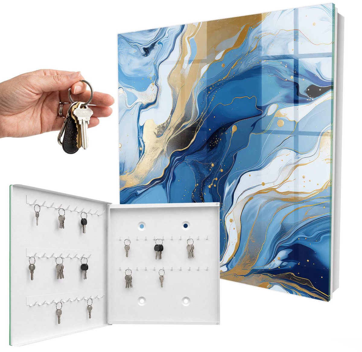 WallMuralia - Sleutelkast - 30x30x5 cm - met 50 haken - Kleurrijke Werveling Sleutelkastje Binnen - Blauw Sleutelbox - Linksopenend - Wit interieur