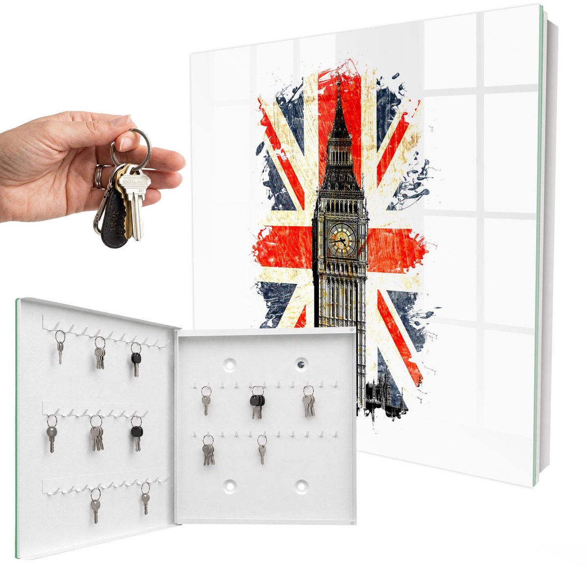 WallMuralia - Sleutelkast - 30x30x5 cm - met 50 haken - Brits Symbool Sleutelkastje Muur - Rood Sleutelbox - Linksopenend - Wit interieur