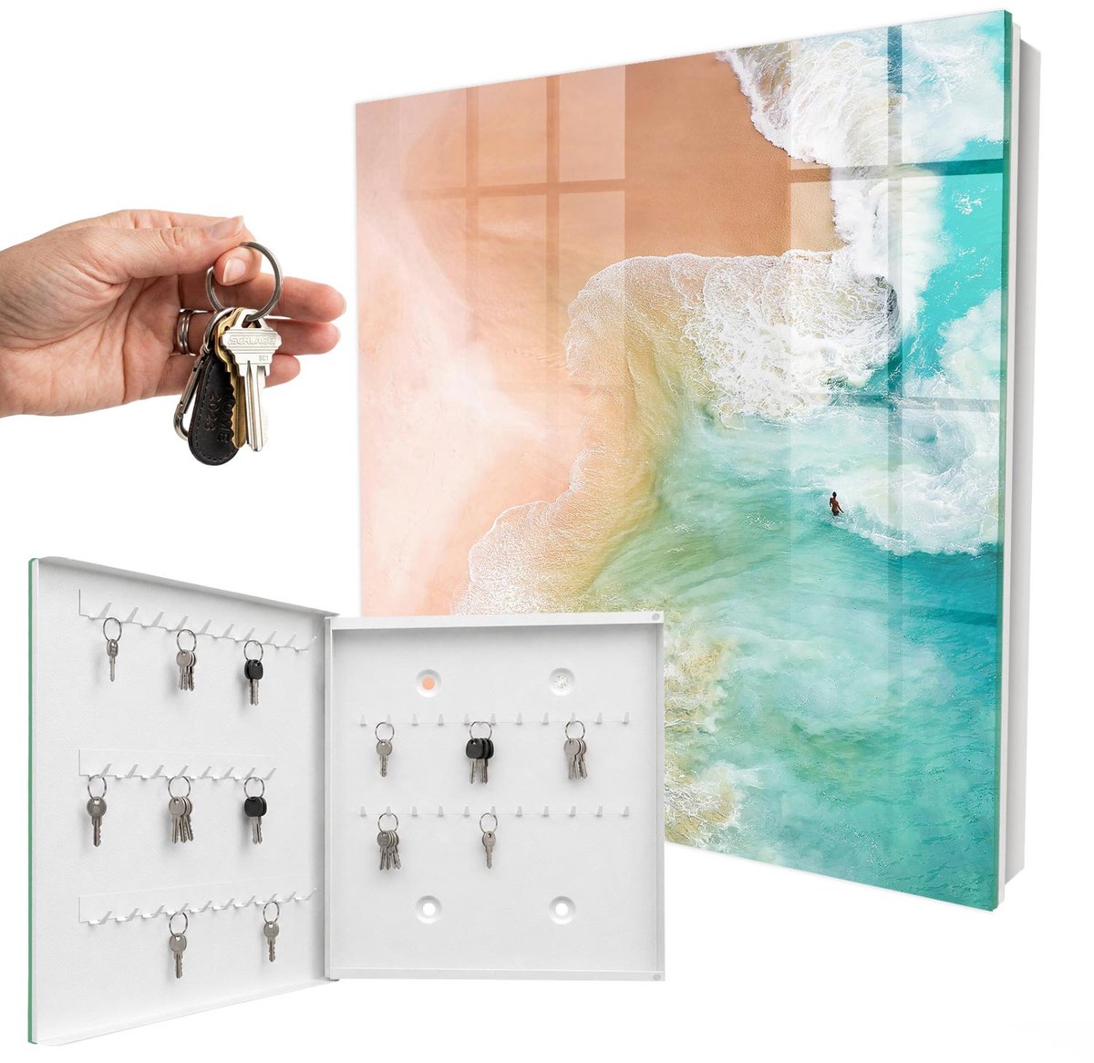 WallMuralia - Sleutelkast - 30x30x5 cm - met 50 haken - Turkoois Strand Sleutelkastje Landelijk - Turkoois Sleutelbox - Linksopenend - Wit interieur