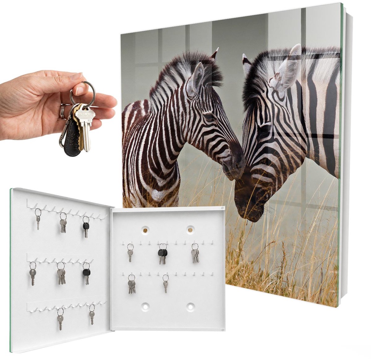 WallMuralia - Sleutelkast - 30x30x5 cm - met 50 haken - Zebra'S Samen Sleutelkastje Muur - Zwart-Wit Sleutelbox - Linksopenend - Wit interieur