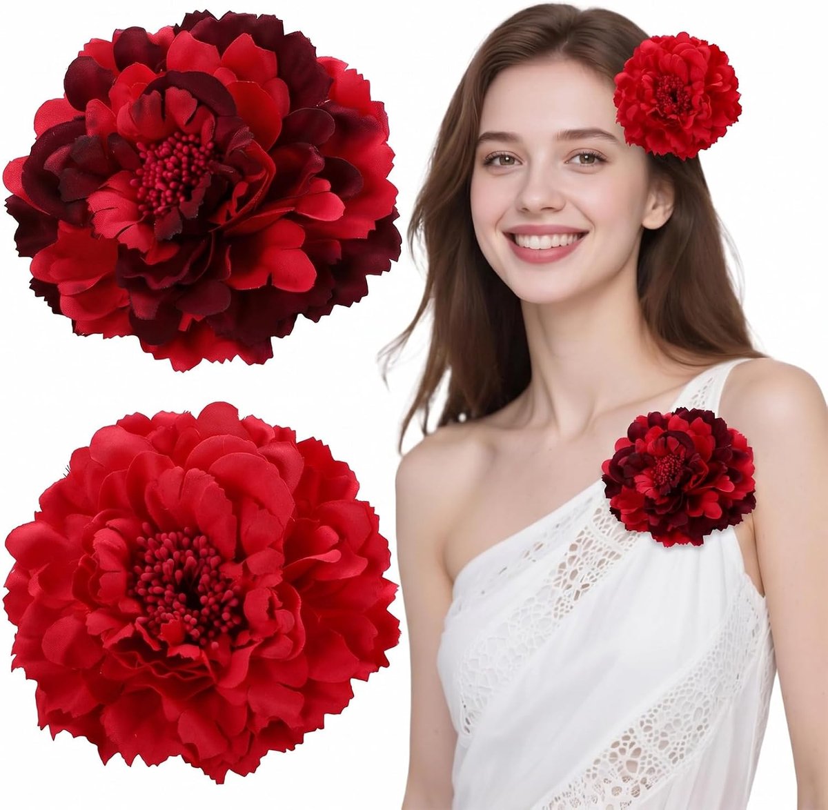 2 stuks (rood en bordeaux), 11 cm, flamenco-bloem, met clip en broche, flamenco-accessoires voor dames, voor aprilbeurs, Sevillanas en flamencodans, kunstanjers