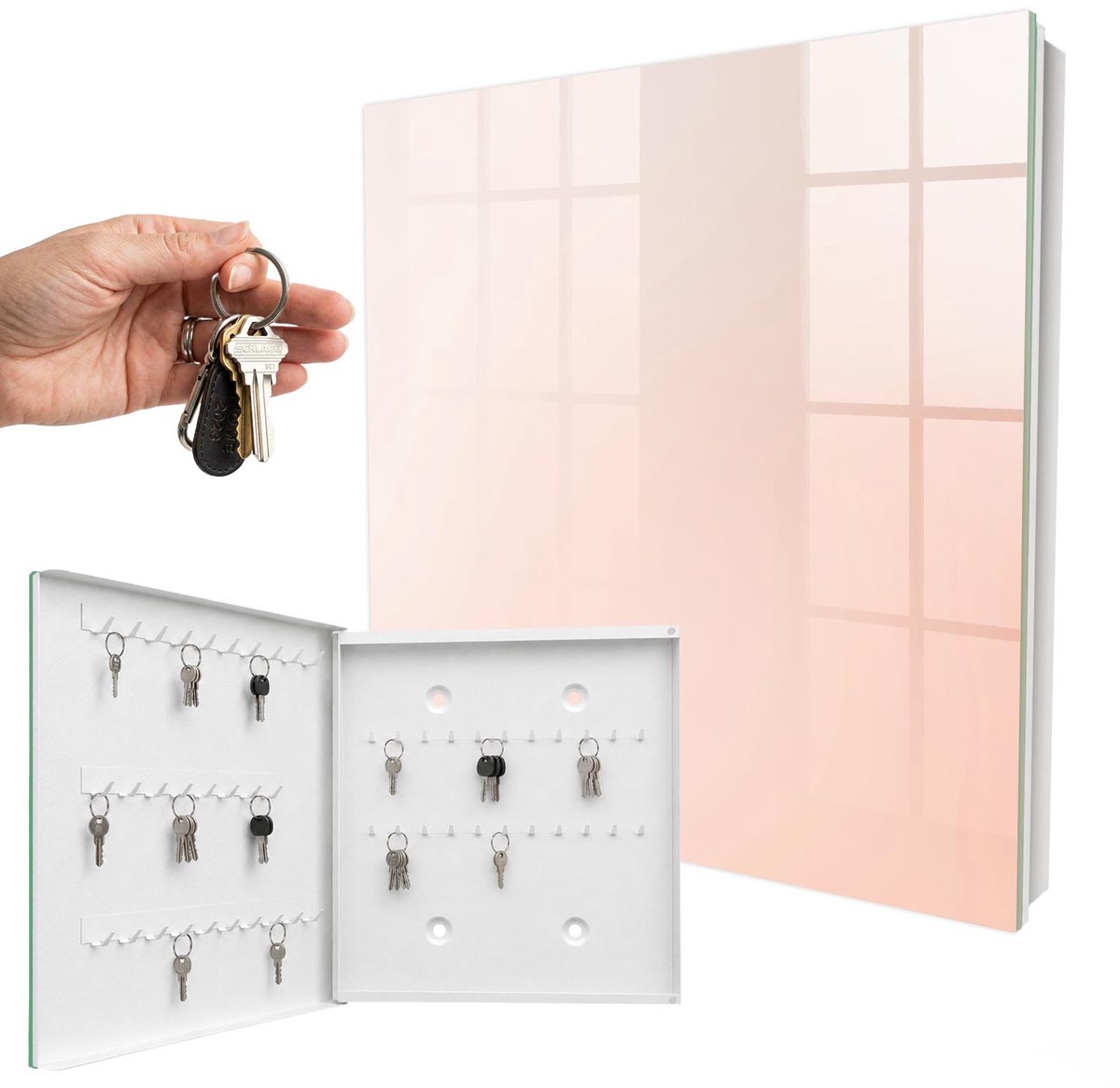 WallMuralia - Sleutelkast - 30x30x5 cm - met 50 haken - Pastel Minimalisme Sleutelkastje Klein - Romig Sleutelbox - Linksopenend - Wit interieur